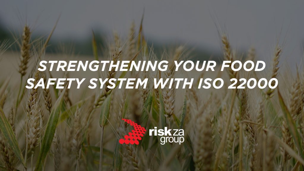 A banner designed specifically for the Risk ZA Group brand. The background image shows a field of wheat. There is a text overlay that reads: "STRENGTHENING YOUR FOOD SAFETY SYSTEM WITH ISO 22000". The Risk ZA Group is included.